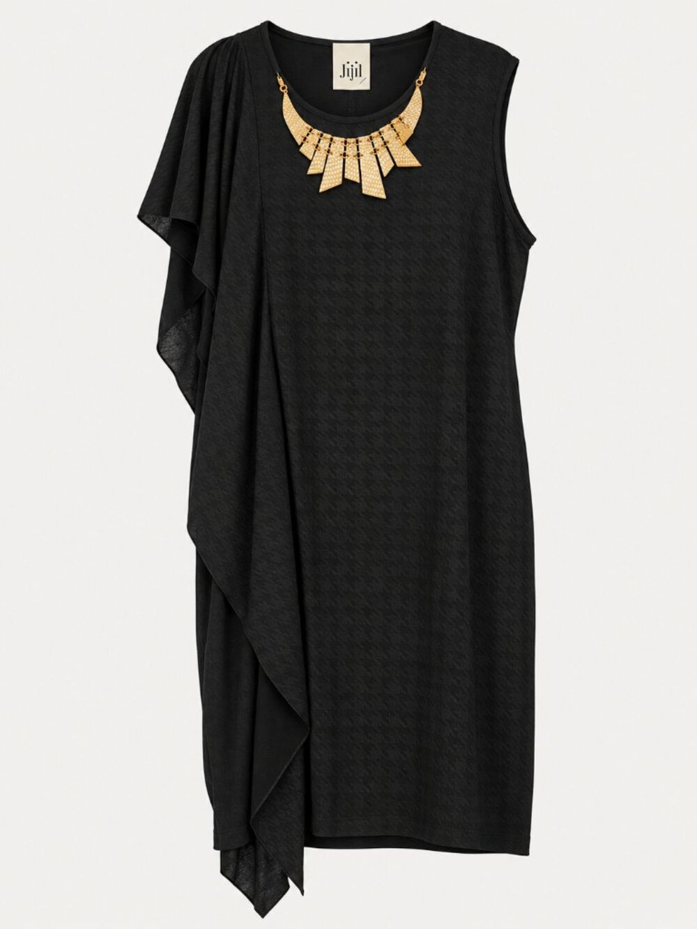 JIJIL black asymmetric draped dress with gold statement necklace, size IT 42 / U